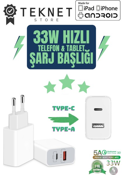 Android/iphone/tablet/samsung Uyumlu 33W Pd Type-C / Type-A Hızlı Çoklu Şarj Adaptörü Aleti