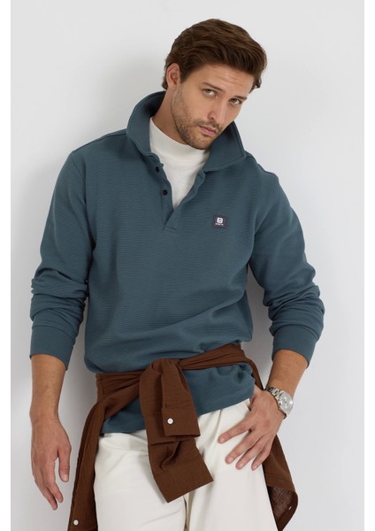 Erkek Polo Yaka Fitilli Sweatshirt Mint