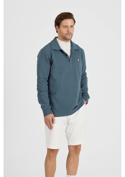 Erkek Polo Yaka Fitilli Sweatshirt Mint modelleri