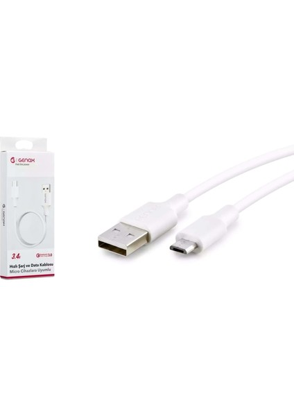 GNX035 Mıcro USB To USB Kablo 3.4A 1m Beyaz