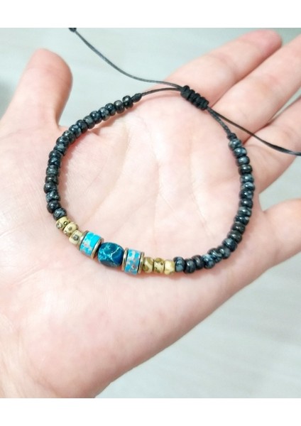 Mavi Varisit ve Hematit Doğaltaşlı Desenli Siyah Miyuki Round Boncuklu Unisex Bileklik