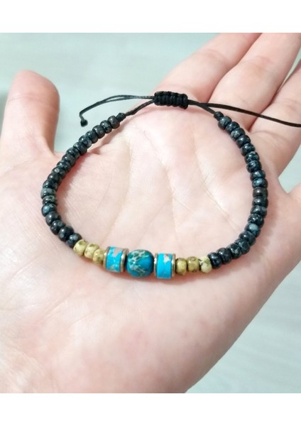 Mavi Varisit ve Hematit Doğaltaşlı Desenli Siyah Miyuki Round Boncuklu Unisex Bileklik