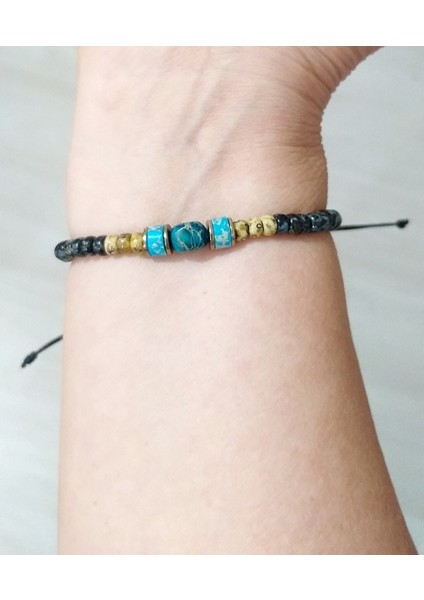 Mavi Varisit ve Hematit Doğaltaşlı Desenli Siyah Miyuki Round Boncuklu Unisex Bileklik
