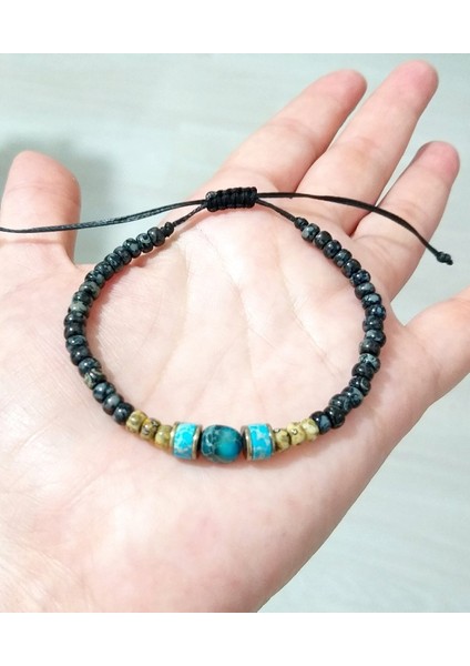 Mavi Varisit ve Hematit Doğaltaşlı Desenli Siyah Miyuki Round Boncuklu Unisex Bileklik