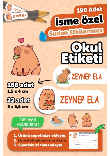 Okul Etiketi Kalem Defter Isimli Etiket Isim Yazılabilen Capybara - 190 Adet Özel Yeni Tasarım