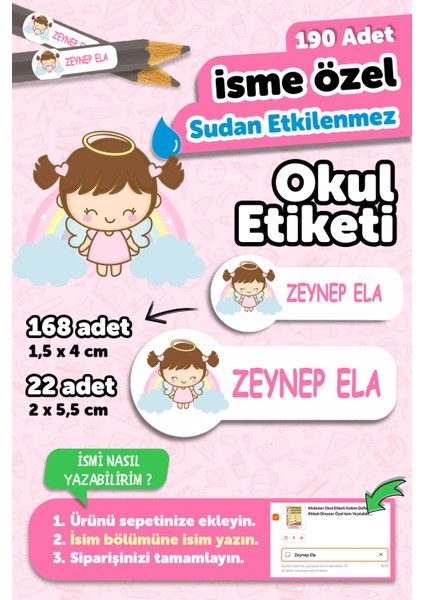 Okul Etiketi Kalem Defter Isimli Etiket Isim Yazılabilen Sevimli Melek Kız - 190 Adet Özel Yeni Tasarım