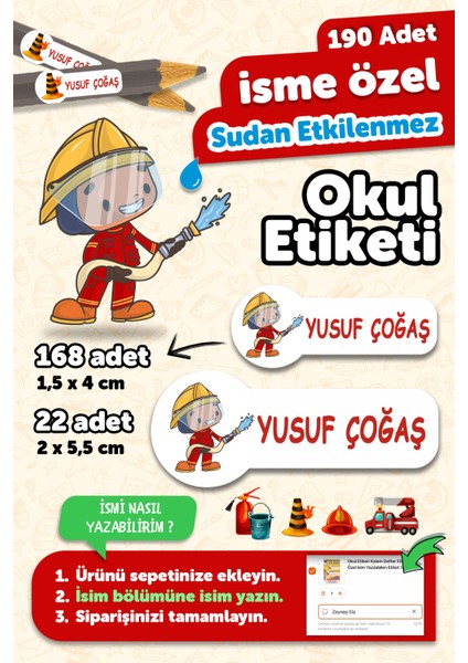 Okul Etiketi Kalem Defter Isimli Etiket Isim Yazılabilen Itfaiyeci - 190 Adet Özel Yeni Tasarım