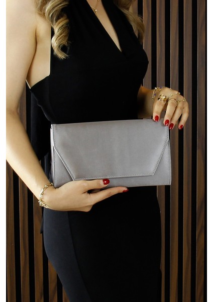 Antrasit Saten Zincir Askılı Manyetik Kapaklı Iç Cepli Zarif Abiye El Çantası