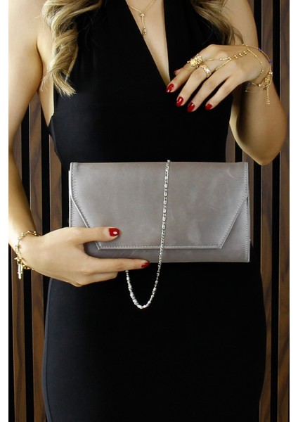 Antrasit Saten Zincir Askılı Manyetik Kapaklı Iç Cepli Zarif Abiye El Çantası