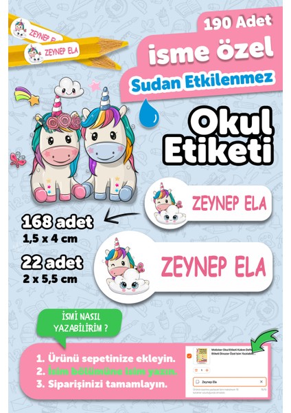 Okul Etiketi Kalem Defter Isimli Etiket Isim Yazılabilen Unicorn Temalı - 190 Adet Özel Yeni Tasarım