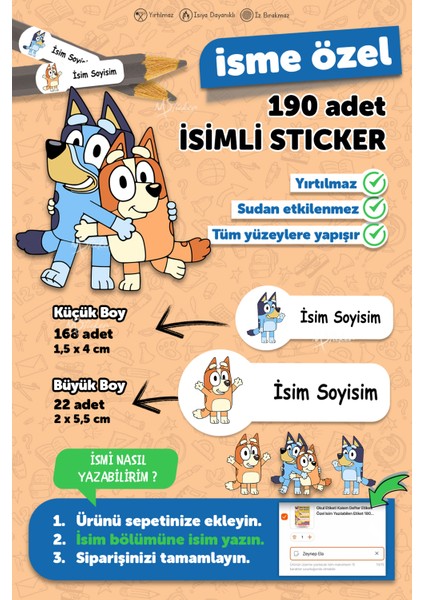 Okul Etiketi Kalem Defter Isimli Etiket Isim Yazılabilen Bluey Temalı - 190 Adet Özel Yeni Tasarım
