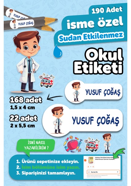 Okul Etiketi Kalem Defter Isimli Etiket Isim Yazılabilen Doktor Temalı - 190 Adet Özel Yeni Tasarım