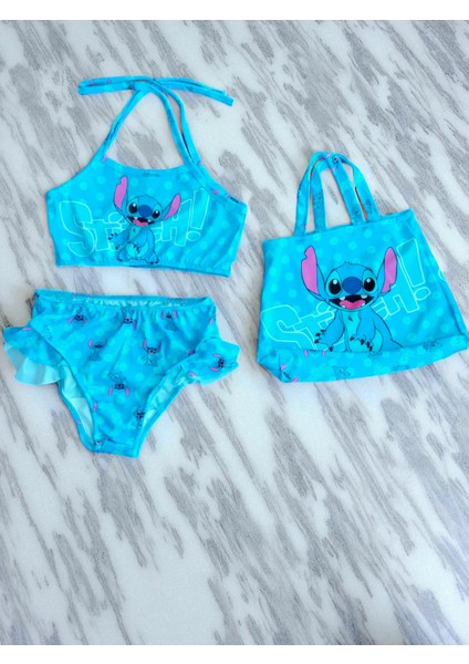 Kız Çocuk Karakter Baskılı Eteği Fırfırlı- Ip Bağlamalı Çanta Mayo Bikini 3 Lü Takım