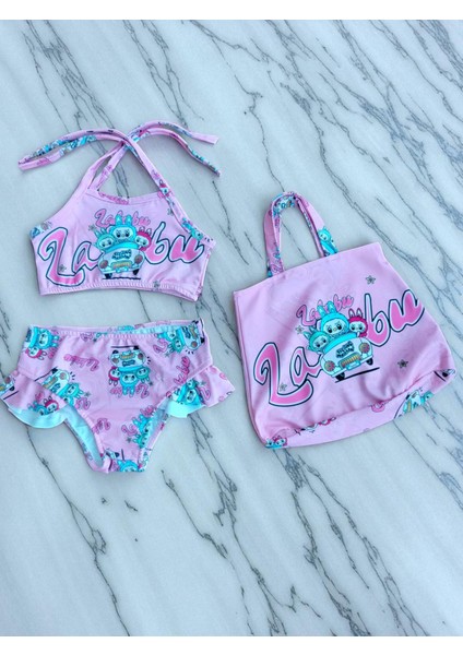Kız Çocuk Karakter Baskılı Eteği Fırfırlı- Ip Bağlamalı Çanta Mayo Bikini 3 Lü Takım