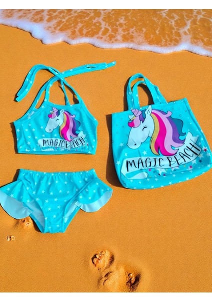 Kız Çocuk Karakter Baskılı Eteği Fırfırlı- Ip Bağlamalı Çanta Mayo Bikini 3 Lü Takım