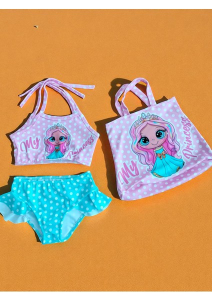 Kız Çocuk Karakter Baskılı Eteği Fırfırlı- Ip Bağlamalı Çanta Mayo Bikini 3 Lü Takım