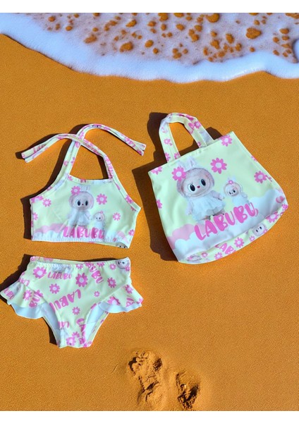 Kız Çocuk Karakter Baskılı Eteği Fırfırlı- Ip Bağlamalı Çanta Mayo Bikini 3 Lü Takım