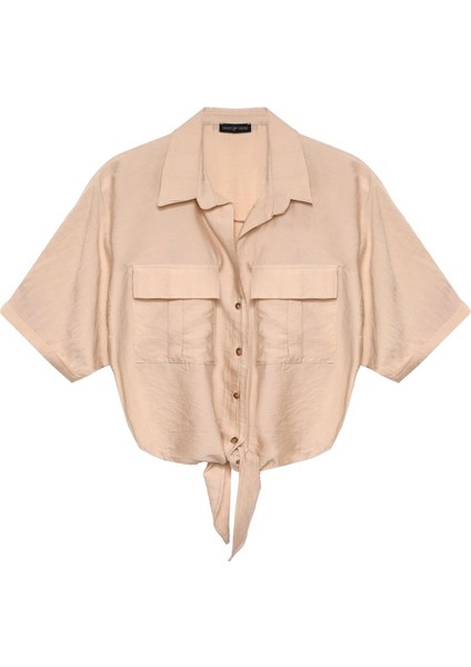 Ön Bağlama Detaylı Çift Cepli Gömlek Şeker Pembe