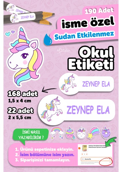 Okul Etiketi Kalem Defter Isimli Etiket Isim Yazılabilen Sevimli Unicorn - 190 Adet Özel Yeni Tasarım