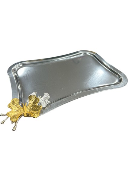 Paslanmaz Çelik Kelebek Desenli Sunum Tepsisi – 23X16,5 Cm, Dekoratif Söz Nişan Takı Çikolata Sunum Tepsisi