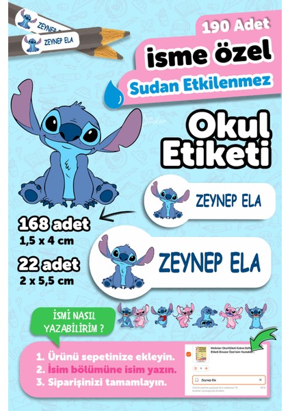Okul Etiketi Kalem Defter Isimli Etiket Isim Yazılabilen Stitch - 190 Adet Özel Yeni Tasarım