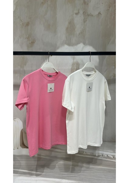 Konforlu Tam Kalıp Pembe & Ekru Basic Tişört Ikili