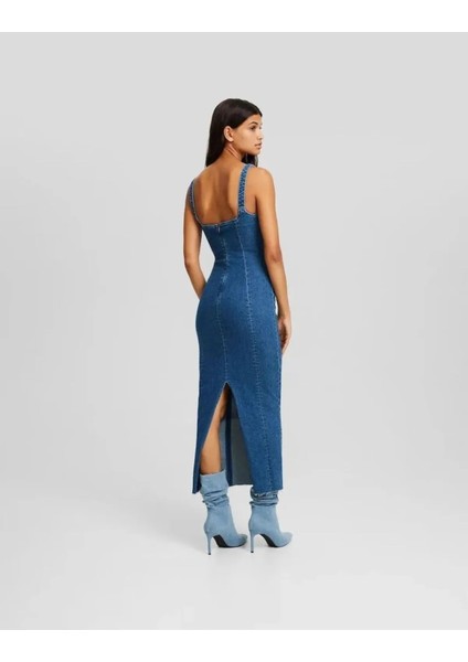 Allbucks Bershka, Askılı Yırtmaçlı Streç Uzun Midi Denim Elbise ABBRS0009 fiyatları