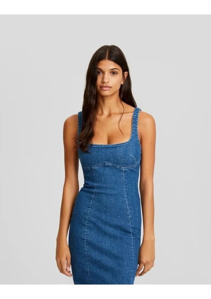 Allbucks Bershka, Askılı Yırtmaçlı Streç Uzun Midi Denim Elbise ABBRS0009 fırsatları