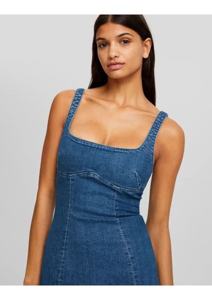 Allbucks Bershka, Askılı Yırtmaçlı Streç Uzun Midi Denim Elbise ABBRS0009 indirimleri
