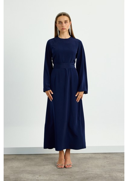 Lacivert Kolu Volanlı Kemerli Elbise