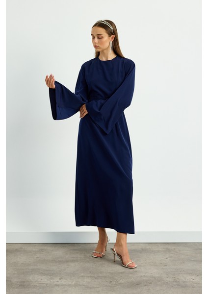 Lacivert Kolu Volanlı Kemerli Elbise fiyatları