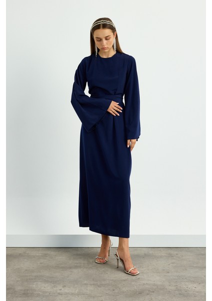 Lacivert Kolu Volanlı Kemerli Elbise modelleri