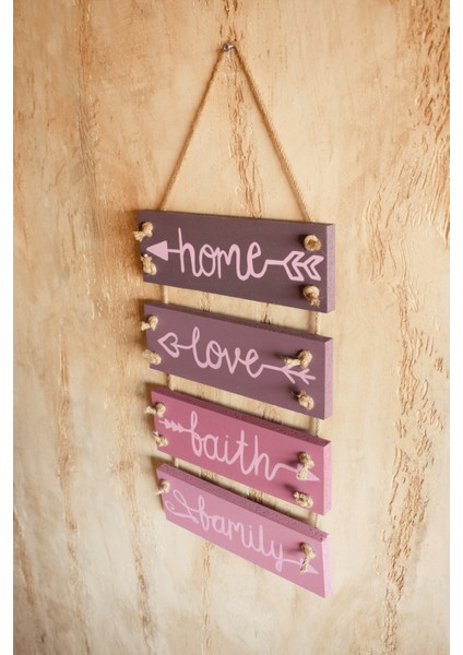 4'lü El Yapımı Jüt Halat Askılı Rengarenk Mottolu Ahşap Iç ve Dış Mekan Bohem Duvar Panosu