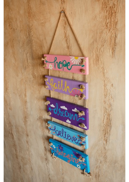 5'li El Yapımı Jüt Halat Askılı Rengarenk Mottolu Ahşap Iç ve Dış Mekan Bohem Duvar Panosu