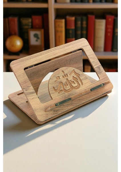 Masaüstü Kademeli Ayarlanabilir Allah Yazılı Sayfa Tutucu Aparatlı Ahşap Rahle, Katlanabilir Tablet Standı