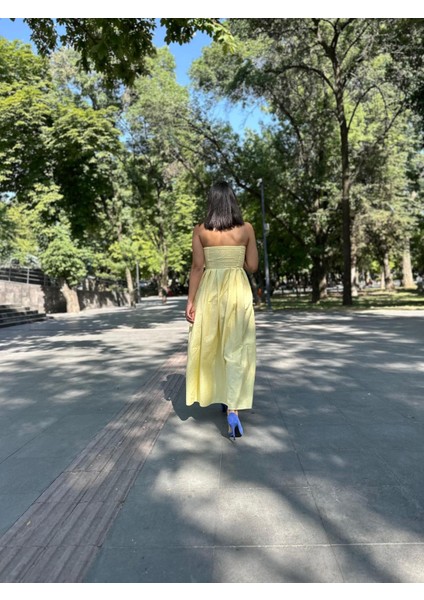 Kadın Sarı Straplez Pile Detaylı Gizli Fermuarlı Uzun Elbise modelleri