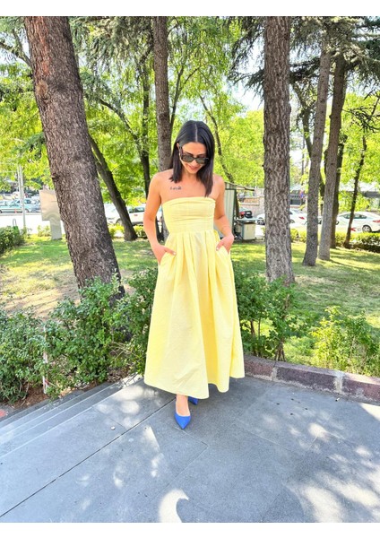 Kadın Sarı Straplez Pile Detaylı Gizli Fermuarlı Uzun Elbise fırsatları