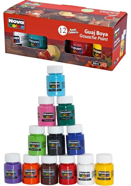 Guaj Boya 12 Renk 30 ml 1 Paket Nova Color Guaj Boya Seti 12 Li Su Bazlı Şişe Canlı Renkler Resim Okul modelleri