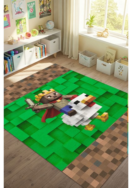 Chicken Jokey Yeşil Halı Dijital Baskılı Pamuk Dokuma Kaymaz Tabanlı Yıkanabilir Antialerjik Evcil Hayvan Dostu Minecraft Oyun Halısı