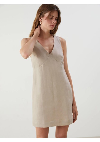 Lcw Vision V Yaka %100 Keten Mini Elbise (S5) fiyatları