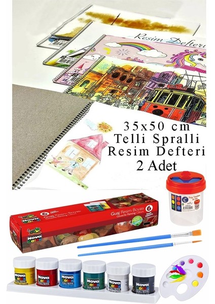 6 Renk Guaj Boya Nova Color 35X50 cm Telli Spralli Resim Defteri Palet Resim Fırçası 15 Yaprak Guajboya Resim Defteri