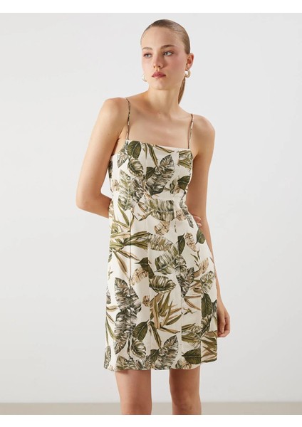 Lcw Vision Kare Yaka Çiçekli Keten Karışımlı Mini Elbise (S5)