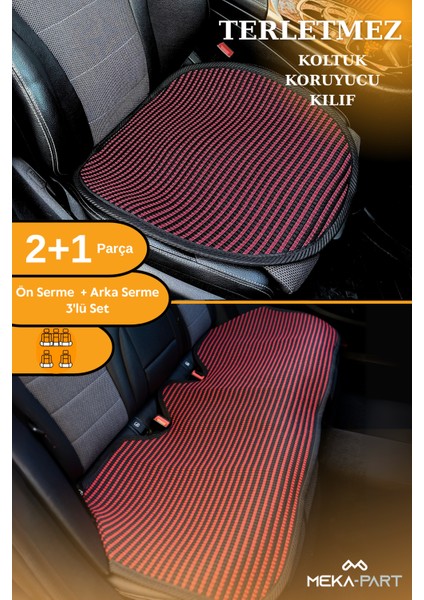 Terletmez Koltuk Koruyucu Kılıf 3 Parça Serme Universal Kırmızı Siyah