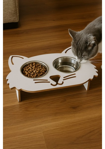 Kedi Şekilli Çift Bölmeli Yükseltilmiş Mama ve Su Kabı – Paslanmaz Çelik