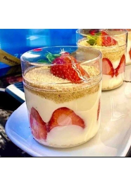 Magnolya Kasesi Tatlı Salata Sunum Kabı Kristal Mika Kullan At 300CC Sert Plastik 10 Adet Kap+Kapak+Tatlı Kaşığı