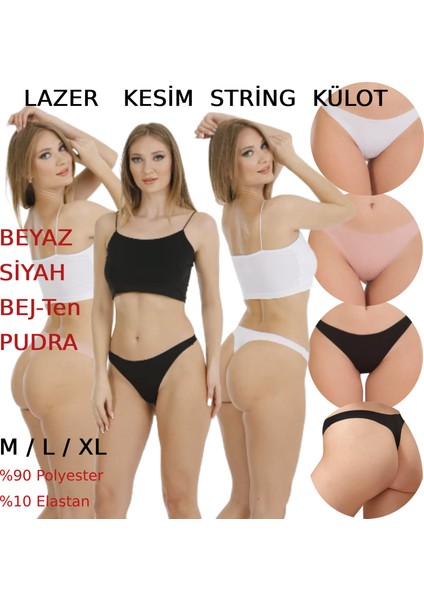 Kadın Lazer Kesim String Tanga Külot 6 Adet Beyaz Siyah Bej Pudra Renkli