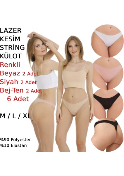 Kadın Lazer Kesim String Tanga Külot 6 Adet Beyaz Siyah Bej Pudra Renkli fiyatları