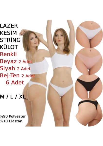 Kadın Lazer Kesim String Tanga Külot 6 Adet Beyaz Siyah Bej Pudra Renkli modelleri