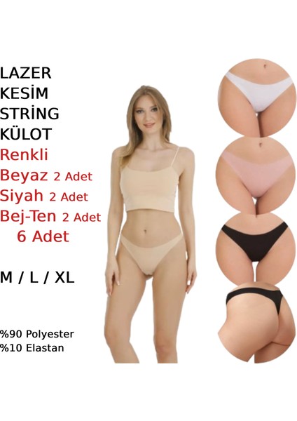 Kadın Lazer Kesim String Tanga Külot 6 Adet Beyaz Siyah Bej Pudra Renkli indirimleri