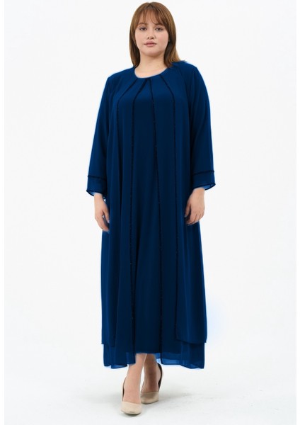 Nilhan Büyük Beden Şifon Kumaş Flok Baskılı Anne Abiye Elbise